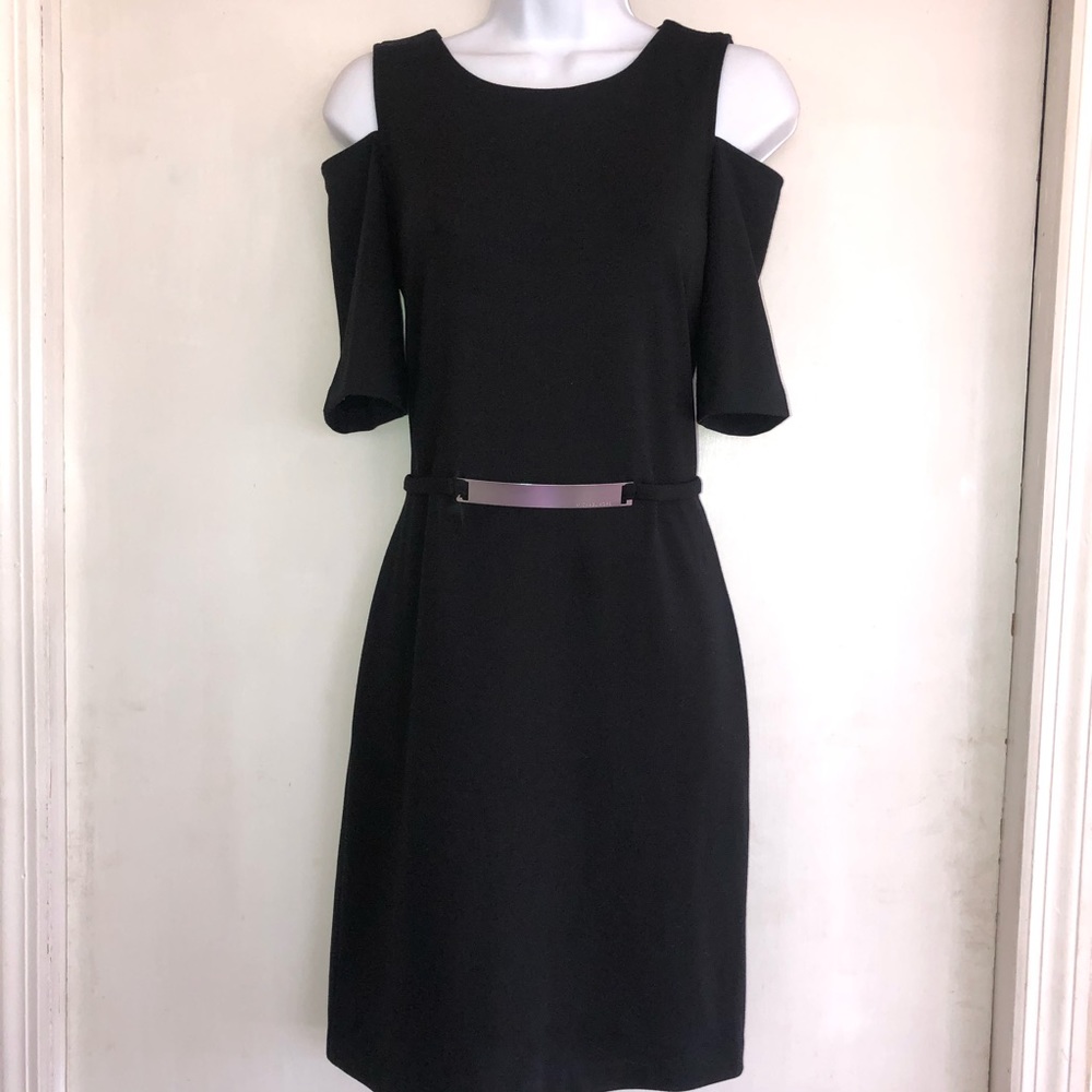 Michael Kors XS Black Bare Shoulder Belted Dress Silver Exposed Zipper EUC